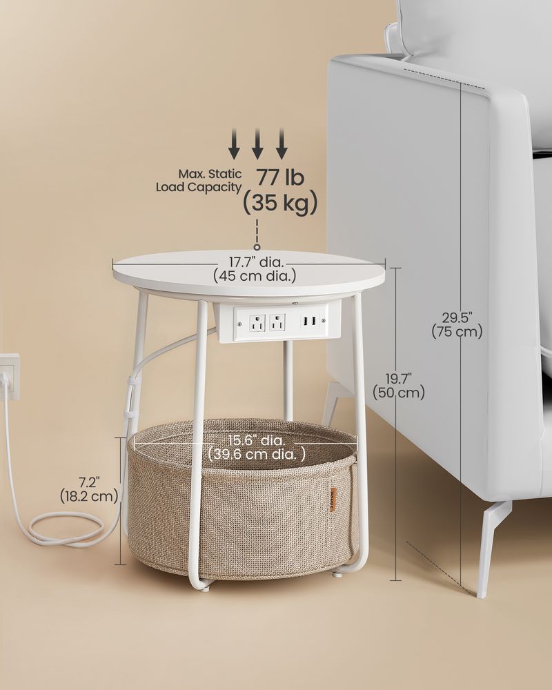 Side Table With Charging Station – Fabric Basket – Metal Legs