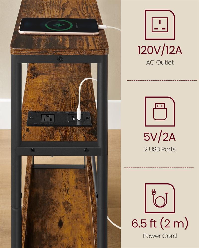Side Table - Narrow - With Charging Station - 3 Tier
