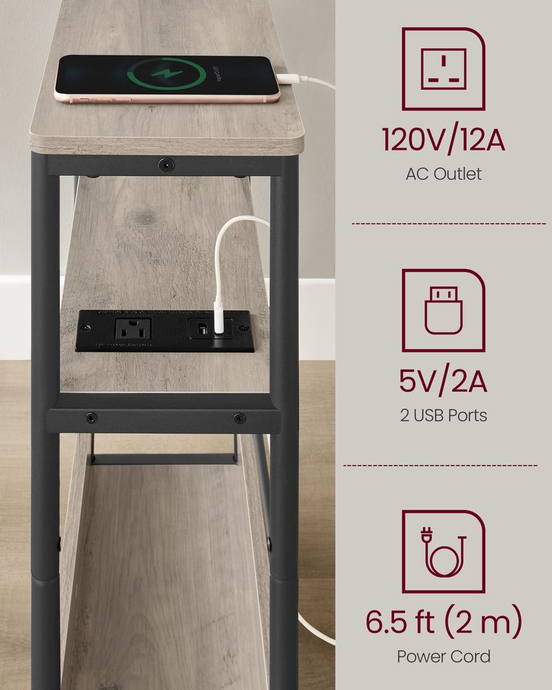 Side Table - Narrow - With Charging Station - 3 Tier
