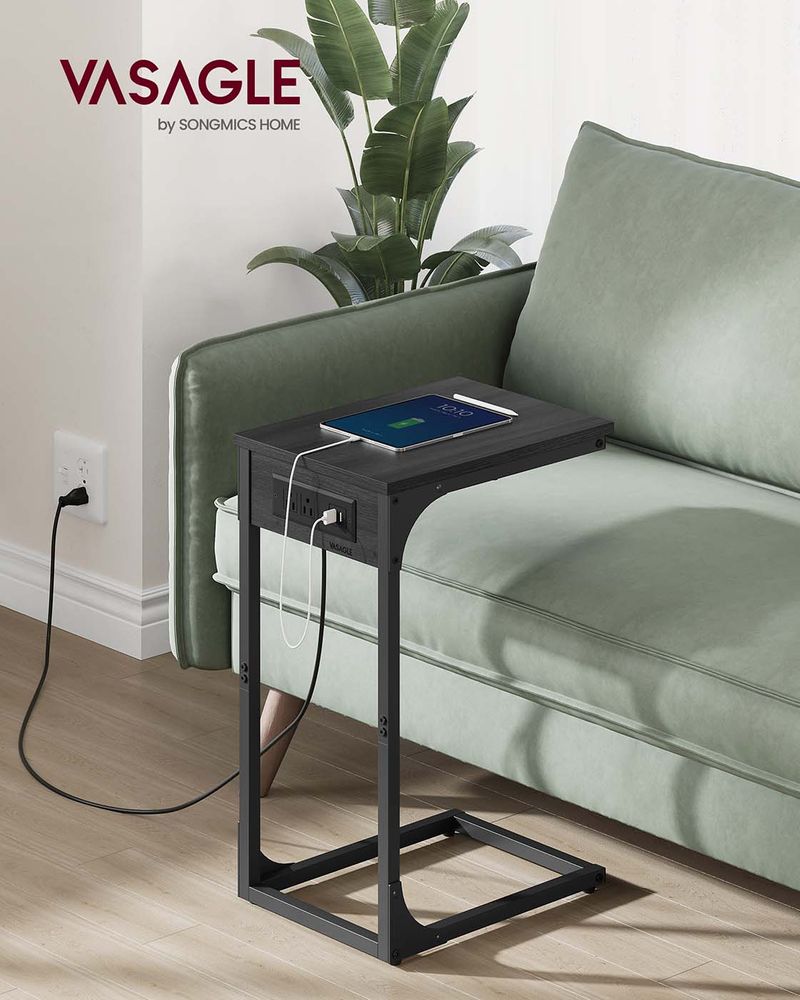 C-Shaped Side Table With Charging Station – Slim Design – For Sofa & Bed
