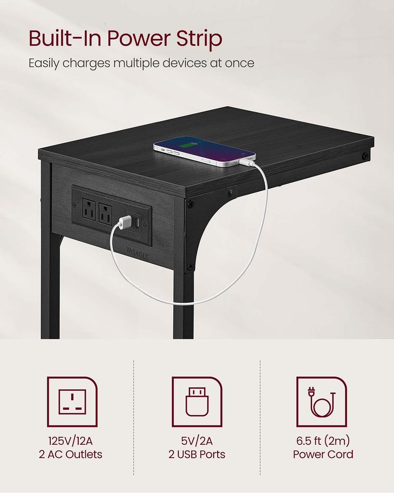 C-Shaped Side Table With Charging Station – Slim Design – For Sofa & Bed