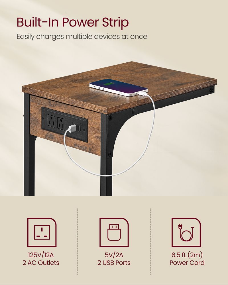 C-Shaped Side Table With Charging Station – Slim Design – For Sofa & Bed