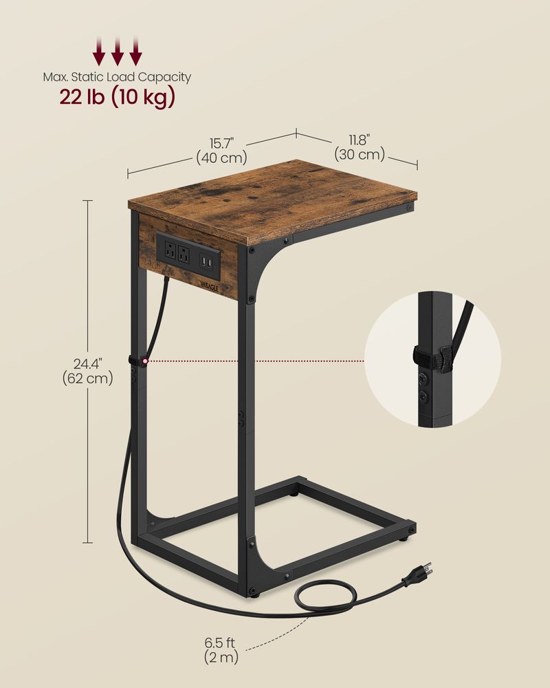 C-Shaped Side Table With Charging Station – Slim Design – For Sofa & Bed