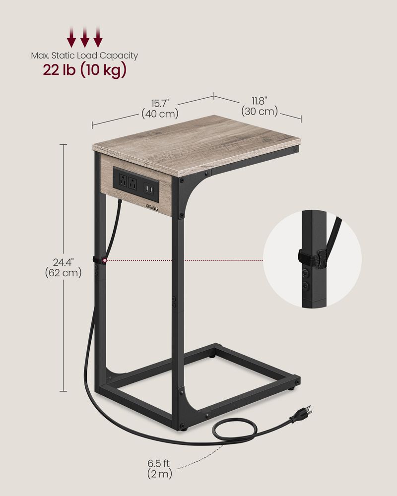 C-Shaped Side Table - With Charging Station - For Sofa Or Bed