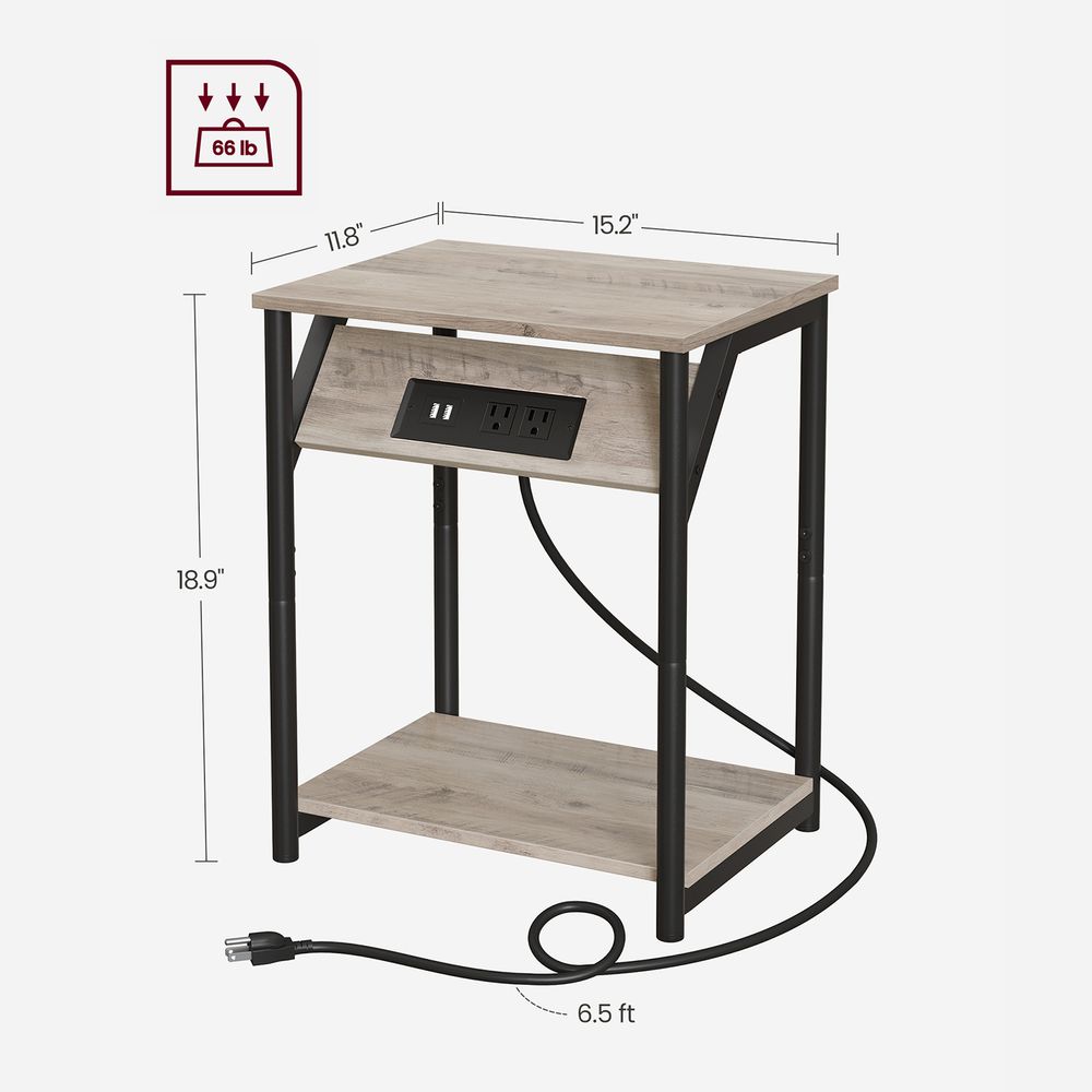End Table With Charging Station – Storage Shelf – Slim Space-Saving Design