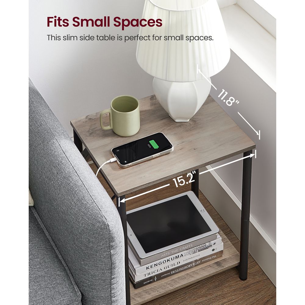 End Table With Charging Station – Storage Shelf – Slim Space-Saving Design
