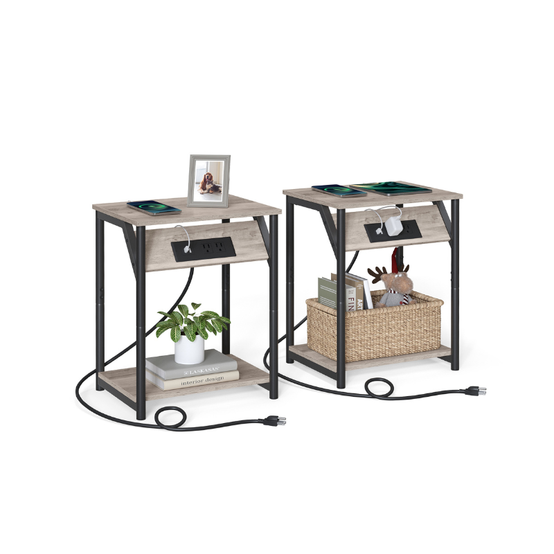 End Table With Charging Station – Storage Shelf – Slim Space-Saving Design