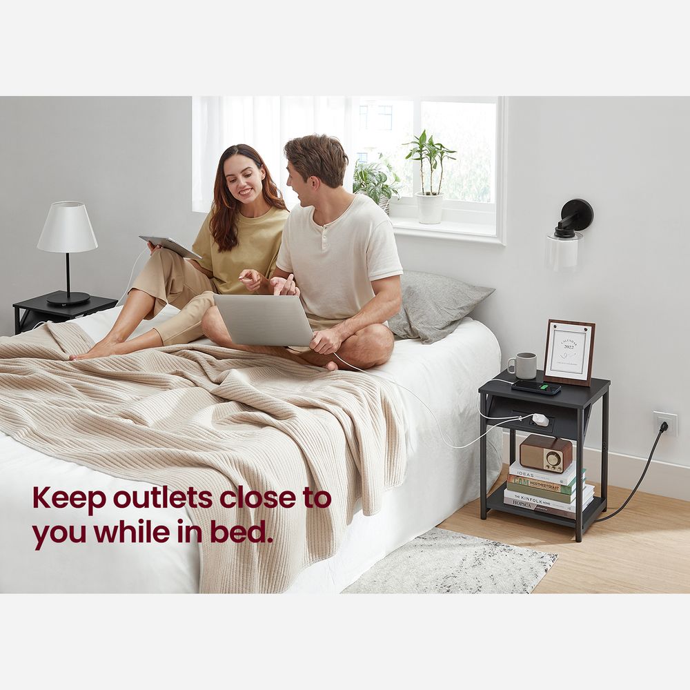 End Table With Charging Station – Storage Shelf – Slim Space-Saving Design