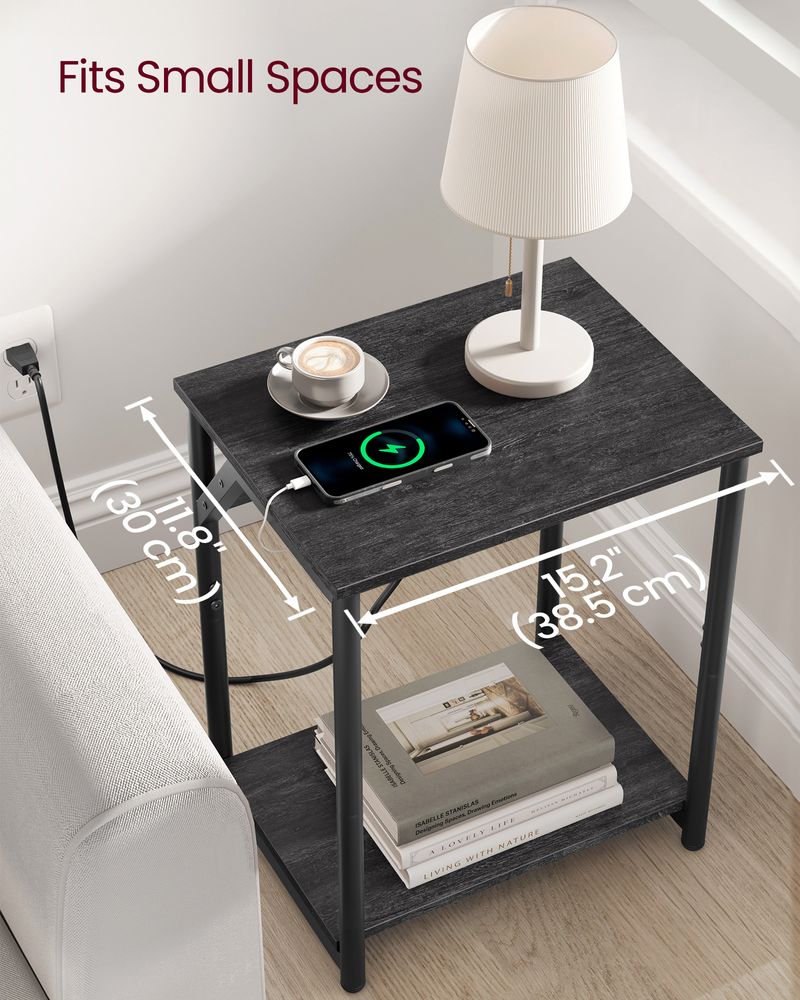 End Table With Charging Station – Storage Shelf – Slim Space-Saving Design