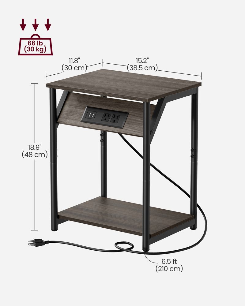 End Table With Charging Station – Storage Shelf – Slim Space-Saving Design