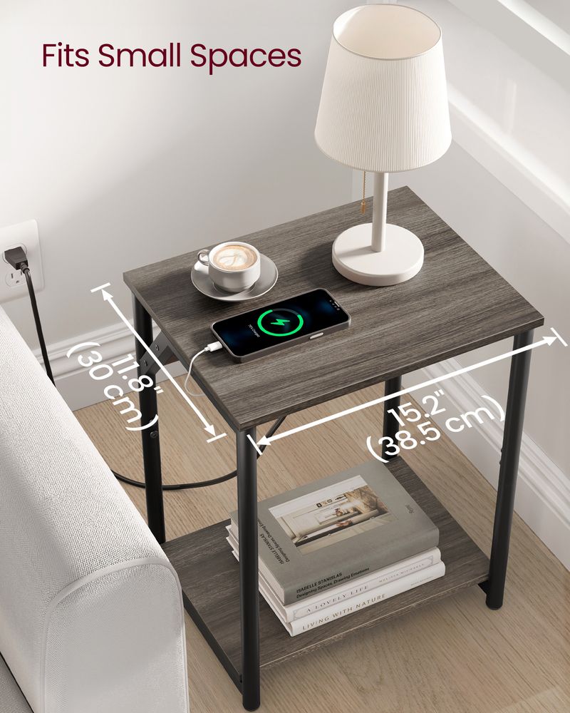 End Table With Charging Station – Storage Shelf – Slim Space-Saving Design