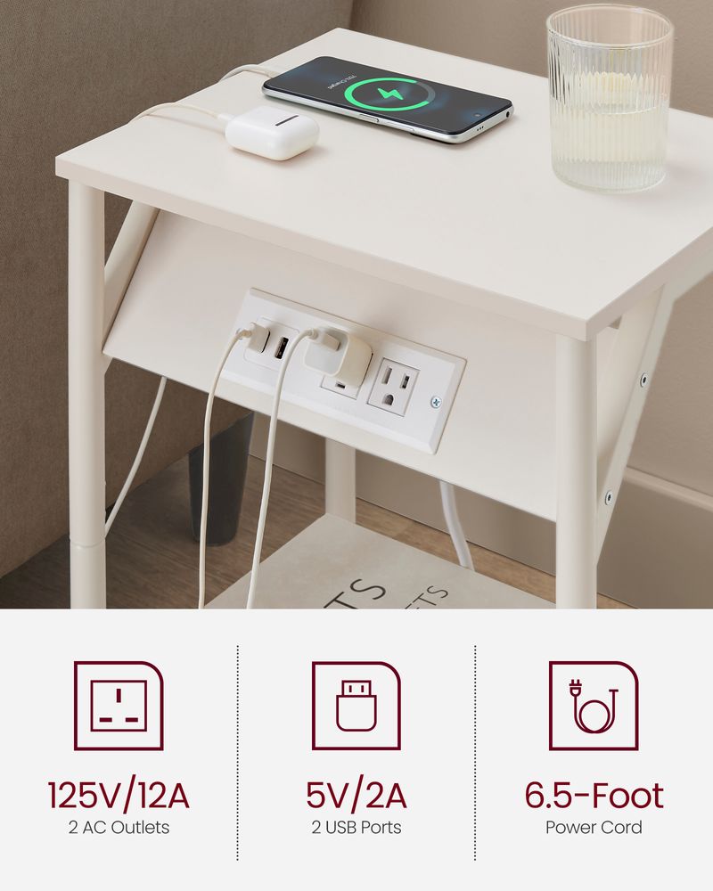 End Table With Charging Station – Storage Shelf – Slim Space-Saving Design