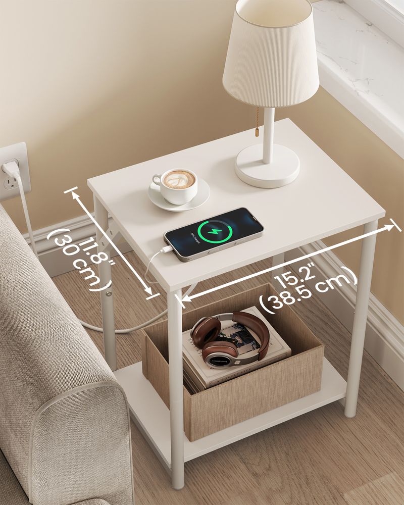 End Table With Charging Station – Storage Shelf – Slim Space-Saving Design