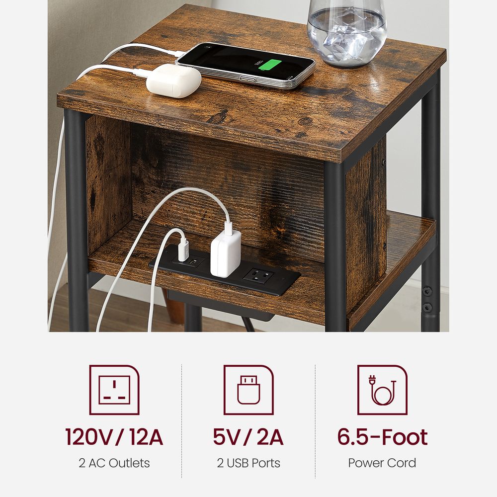 3-Tier End Table With Charging Station – USB Ports & Outlets – Slim Design