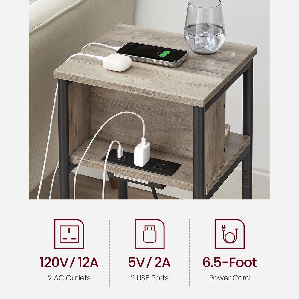 End Table - 3 Tier - USB Ports And Outlets - Slim Design