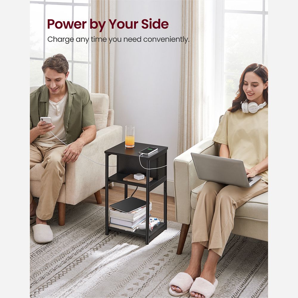 3-Tier End Table With Charging Station – USB Ports & Outlets – Slim Design