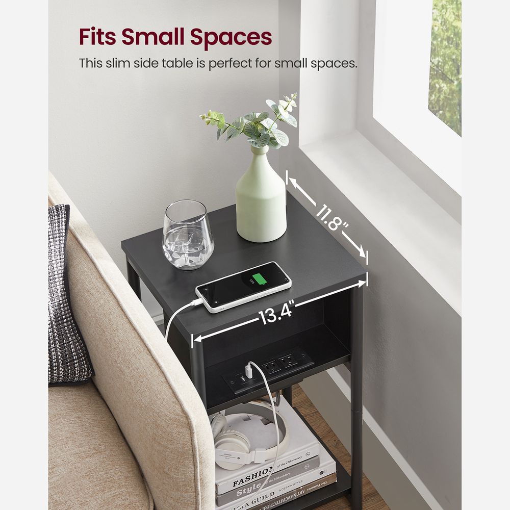 3-Tier End Table With Charging Station – USB Ports & Outlets – Slim Design