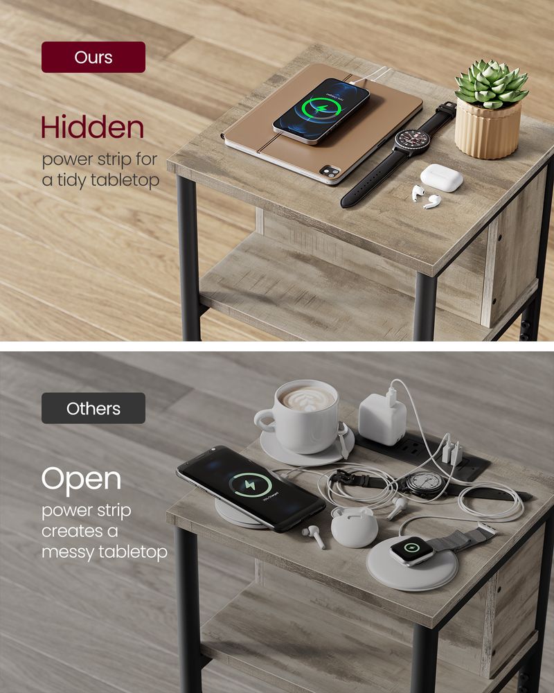 3-Tier End Table With Charging Station – USB Ports & Outlets – Slim Design