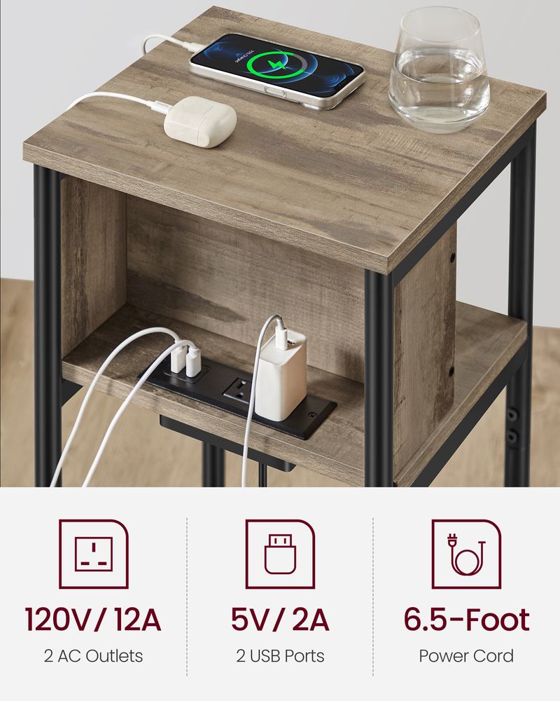 End Table - 3 Tier - USB Ports And Outlets - Slim Design