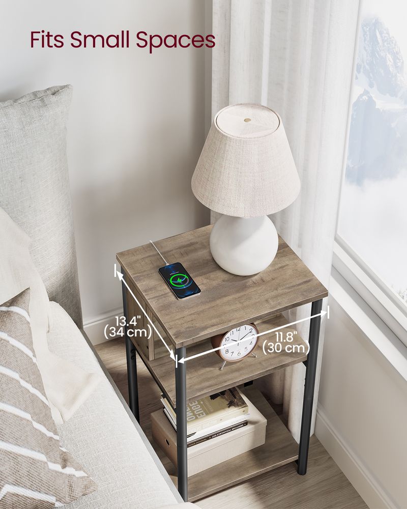 3-Tier End Table With Charging Station – USB Ports & Outlets – Slim Design