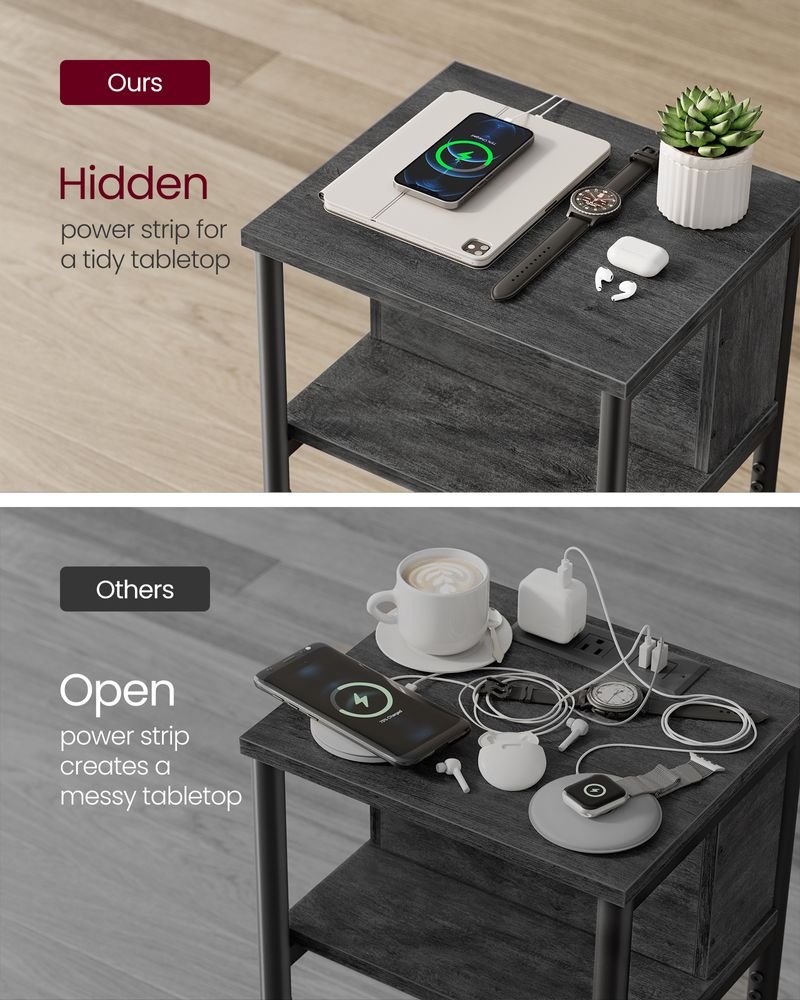 3-Tier End Table With Charging Station – USB Ports & Outlets – Slim Design