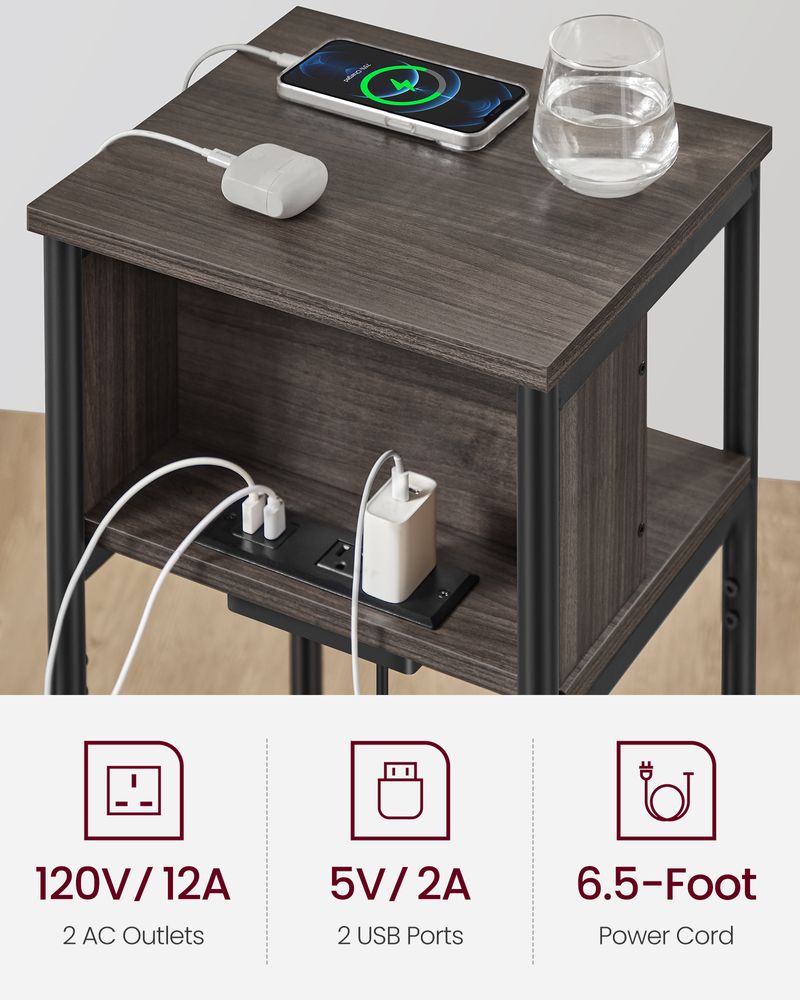 End Table - 3 Tier - USB Ports And Outlets - Slim Design