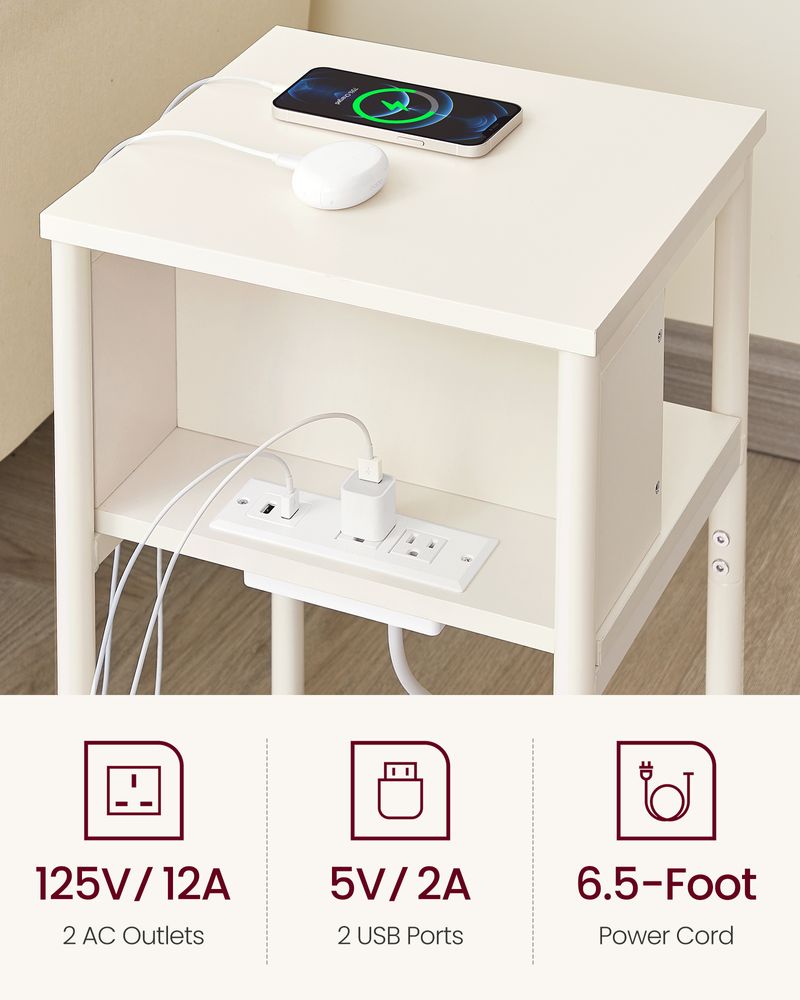 3-Tier End Table With Charging Station – USB Ports & Outlets – Slim Design