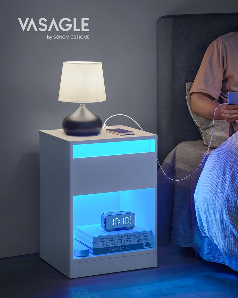Nightstand With Charging Station – Adjustable LED Lights – Modern Bedside Table