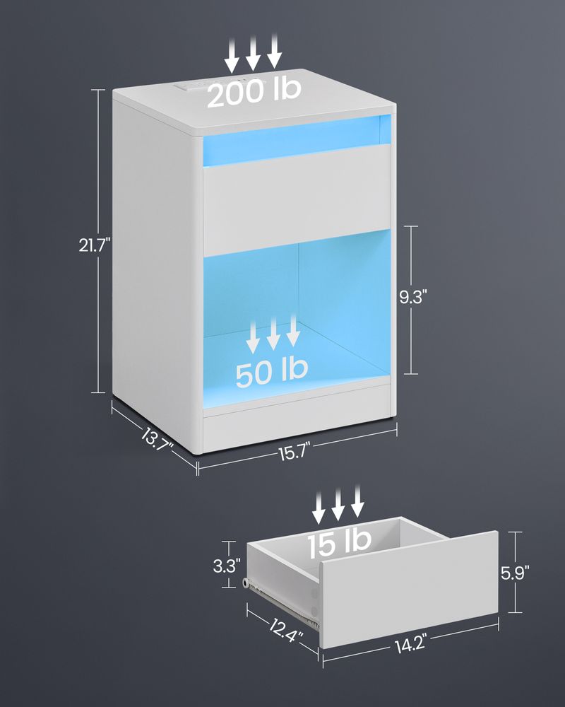 Nightstand With Charging Station - Adjustable LED Lights