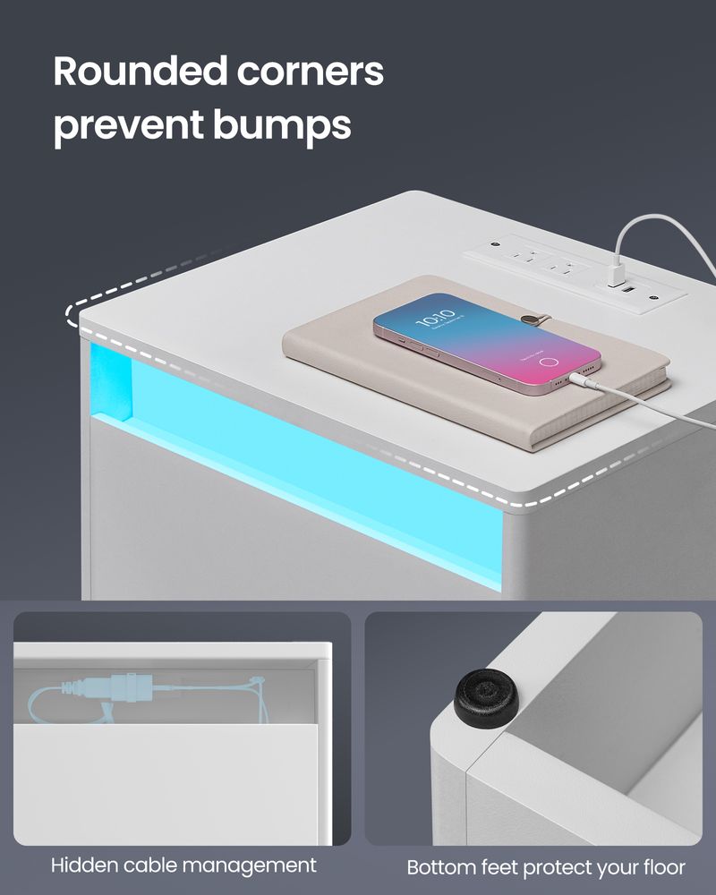 Nightstand With Charging Station - Adjustable LED Lights
