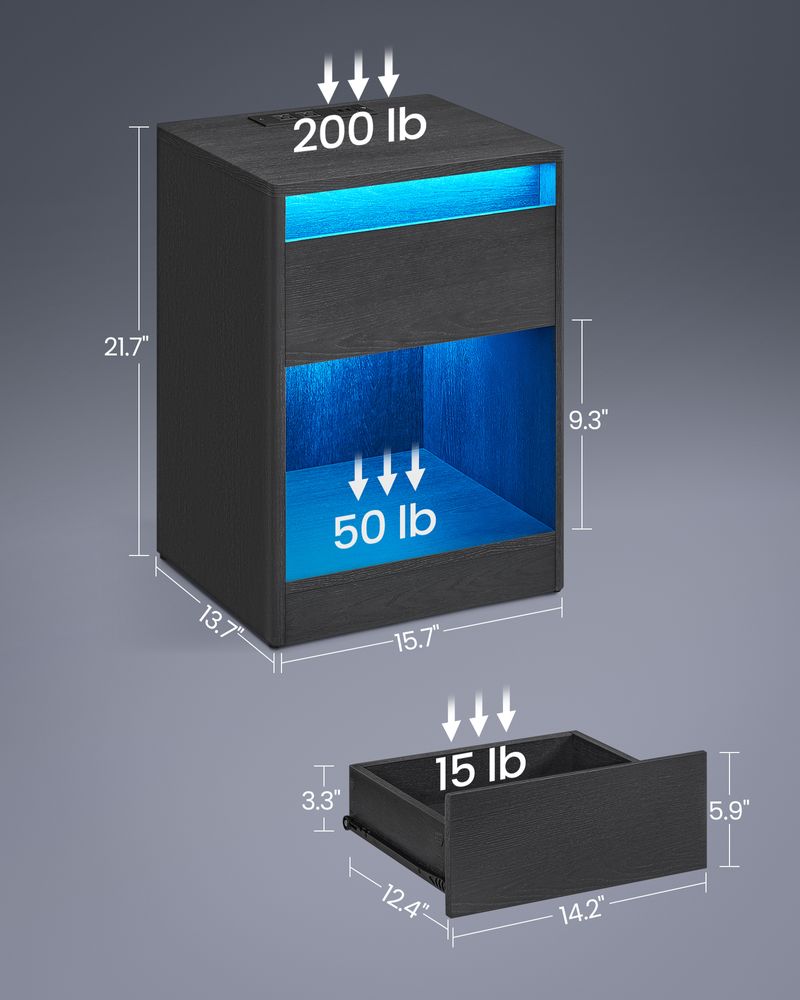 Nightstand With Charging Station - Adjustable LED Lights