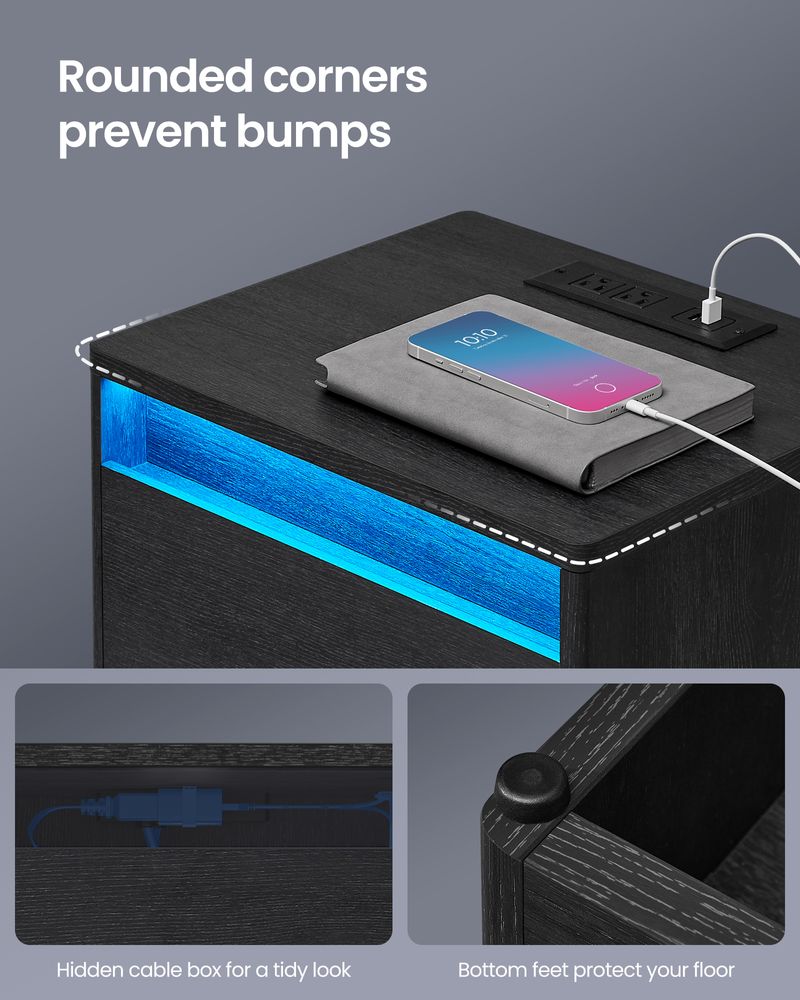 Nightstand With Charging Station - Adjustable LED Lights
