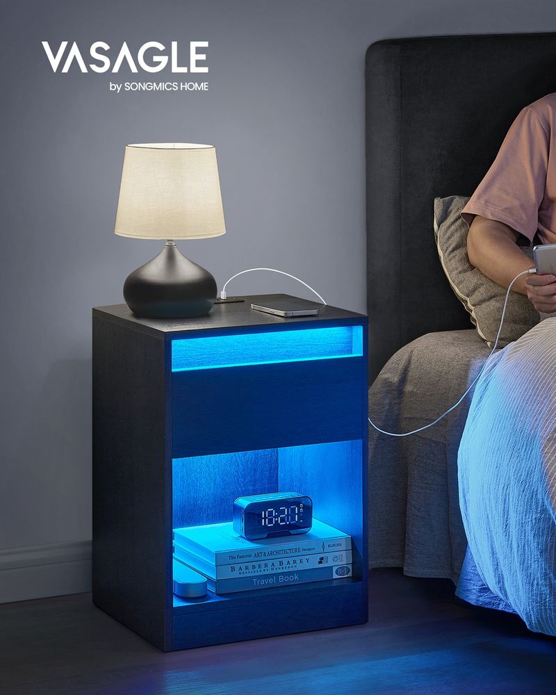 Nightstand With Charging Station – Adjustable LED Lights – Modern Bedside Table