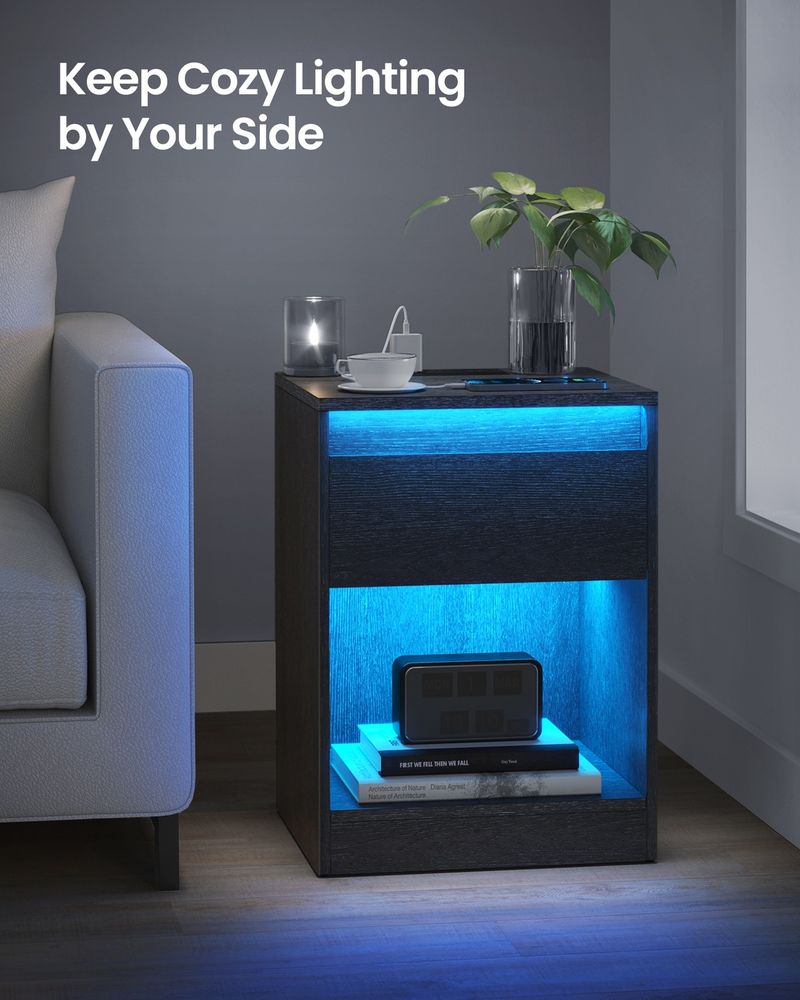 Nightstand With Charging Station – Adjustable LED Lights – Modern Bedside Table