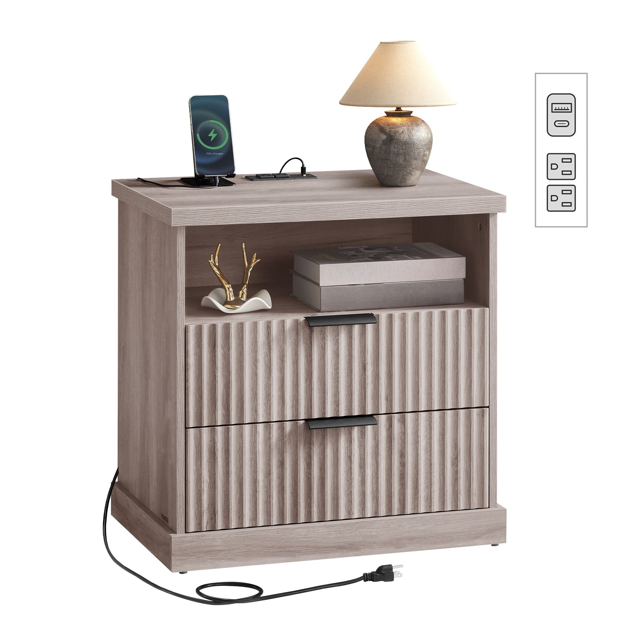 Nightstand With Charging Station 2 Drawer Bedside Table With Shelf