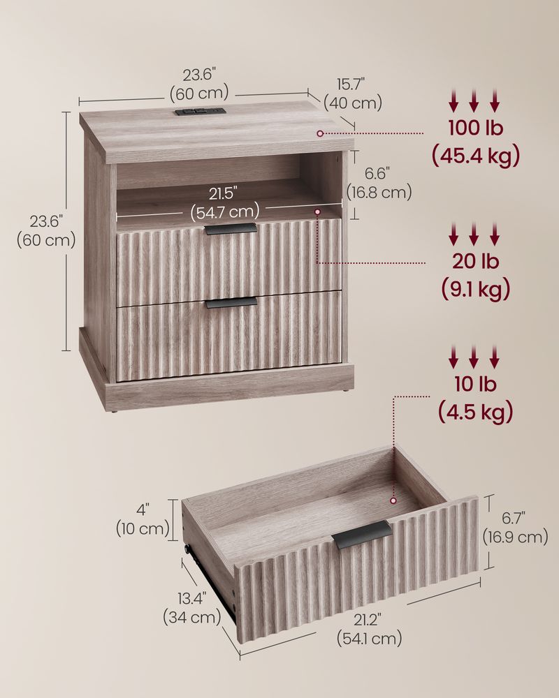 Nightstand With Charging Station 2 Drawer Bedside Table With Shelf