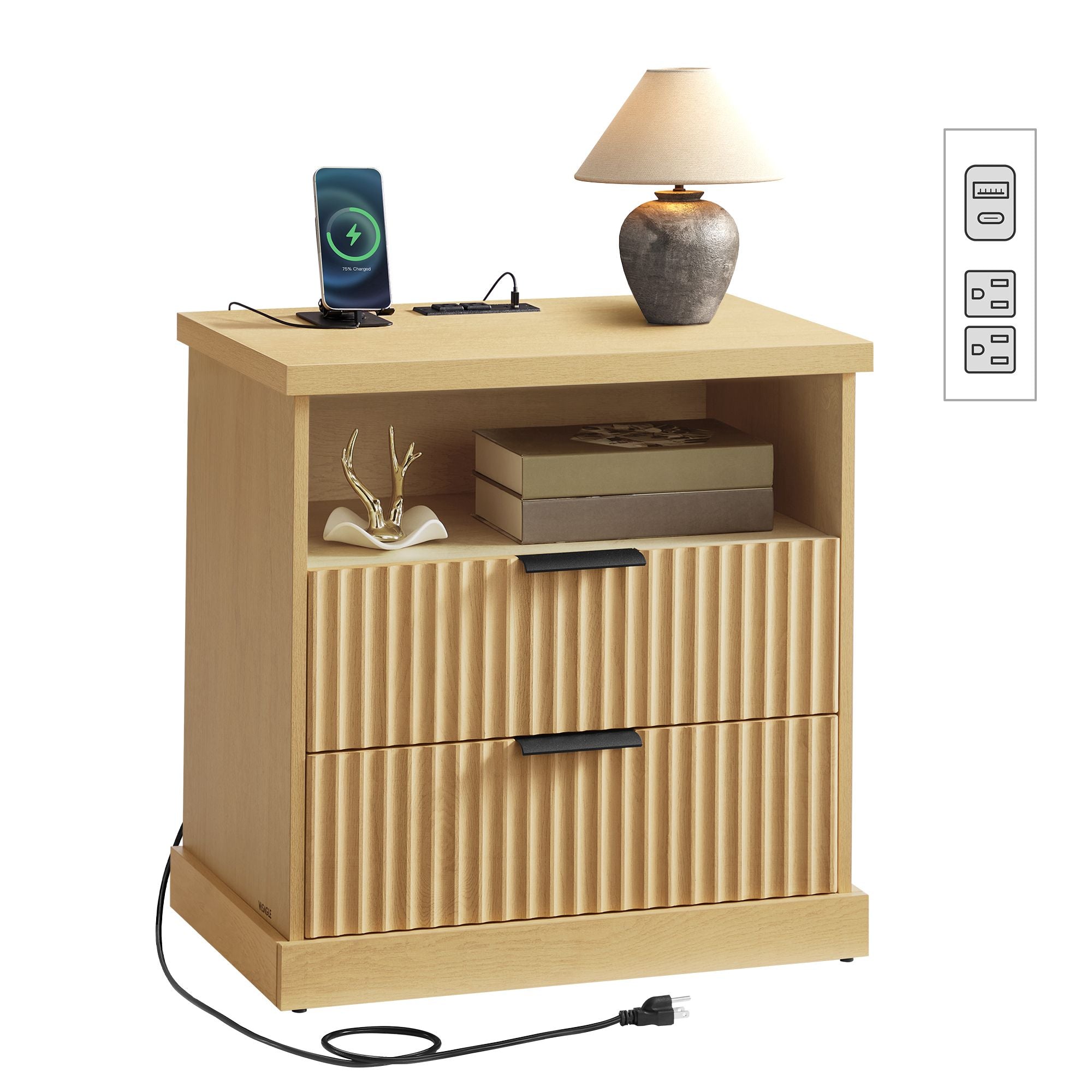 Nightstand With Charging Station 2 Drawer Bedside Table With Shelf