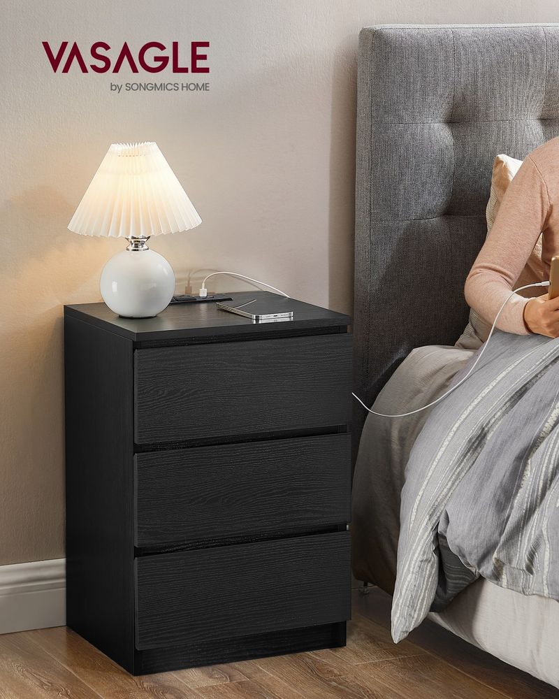 Nightstand With Charging Station – 3 Drawers – Modern Bedside Table