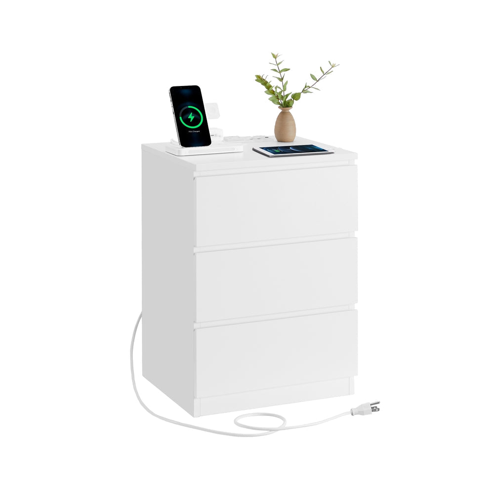 Nightstand With Charging Station – 3 Drawers – Modern Bedside Table