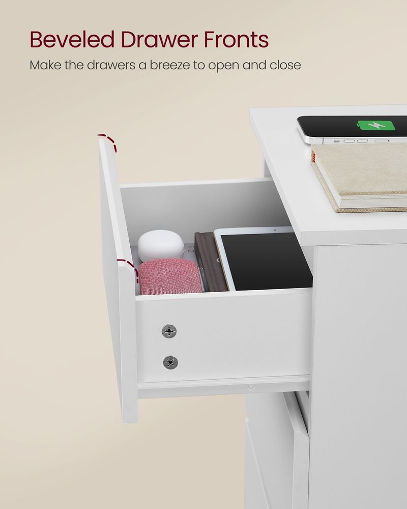 Nightstand With Charging Station – 3 Drawers – Modern Bedside Table