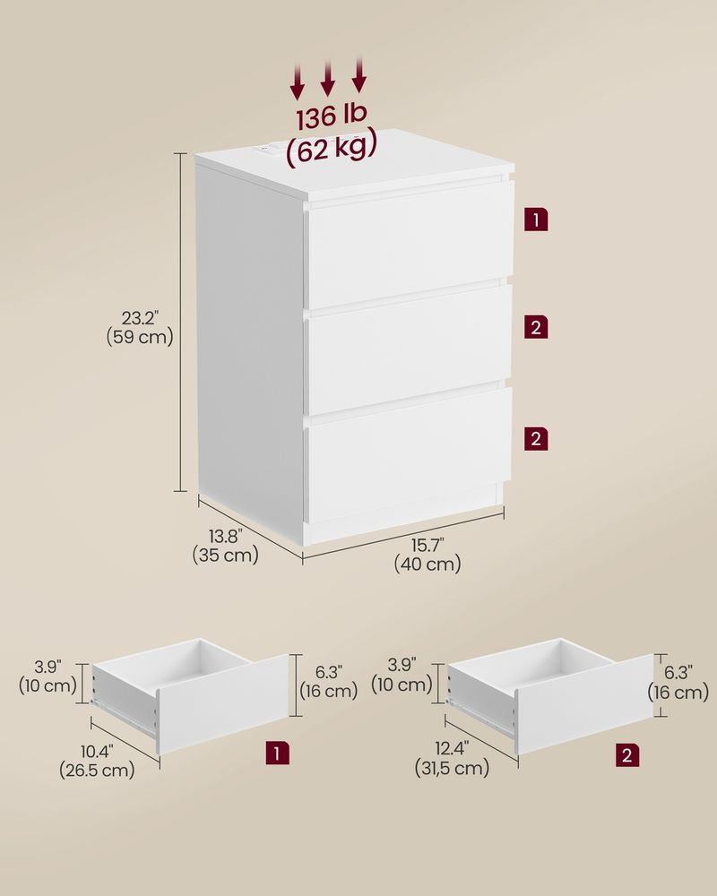 Nightstand With Charging Station – 3 Drawers – Modern Bedside Table