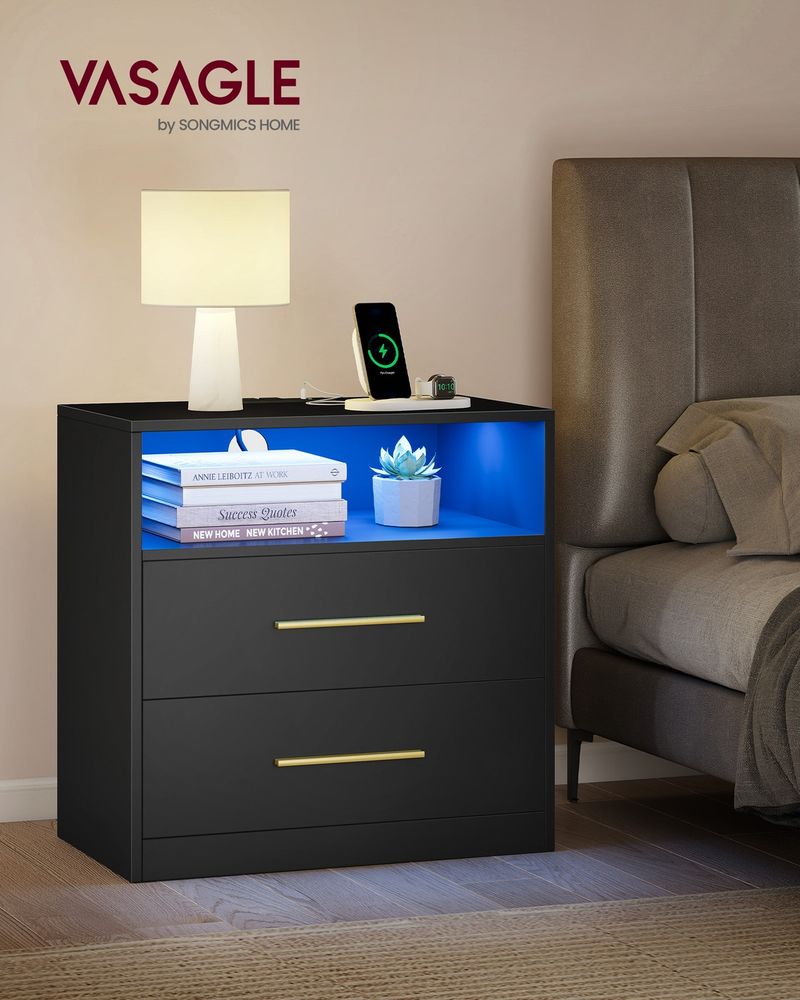 Nightstand With Charging Station and LED Lights 2 Drawer Bedside Table