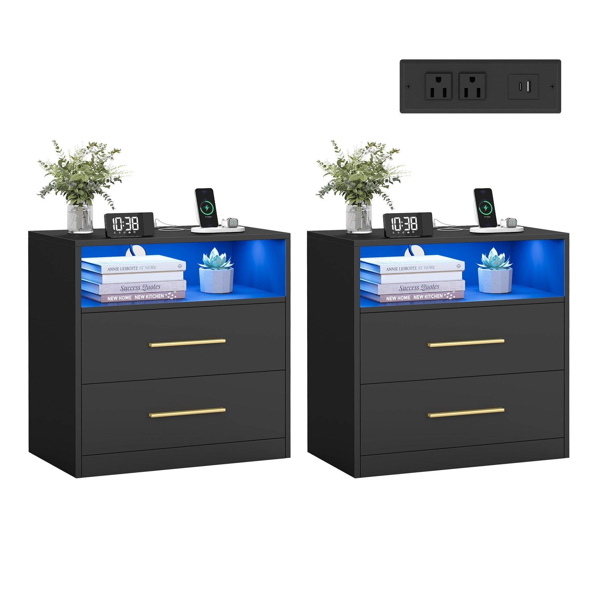 Nightstand With Charging Station and LED Lights 2 Drawer Bedside Table