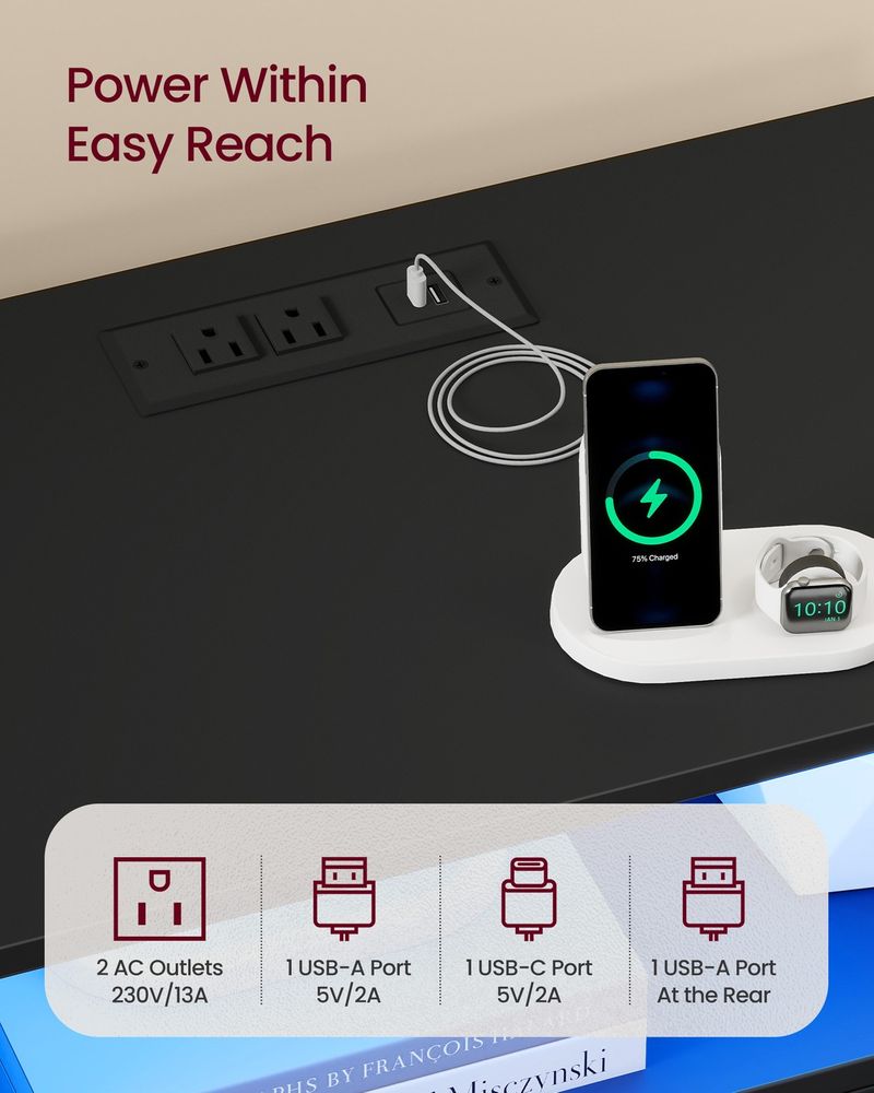 Nightstand With Charging Station and LED Lights 2 Drawer Bedside Table