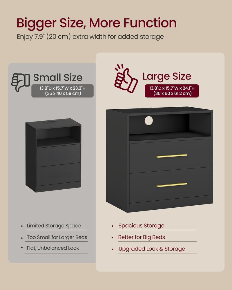 Nightstand With Charging Station and LED Lights 2 Drawer Bedside Table