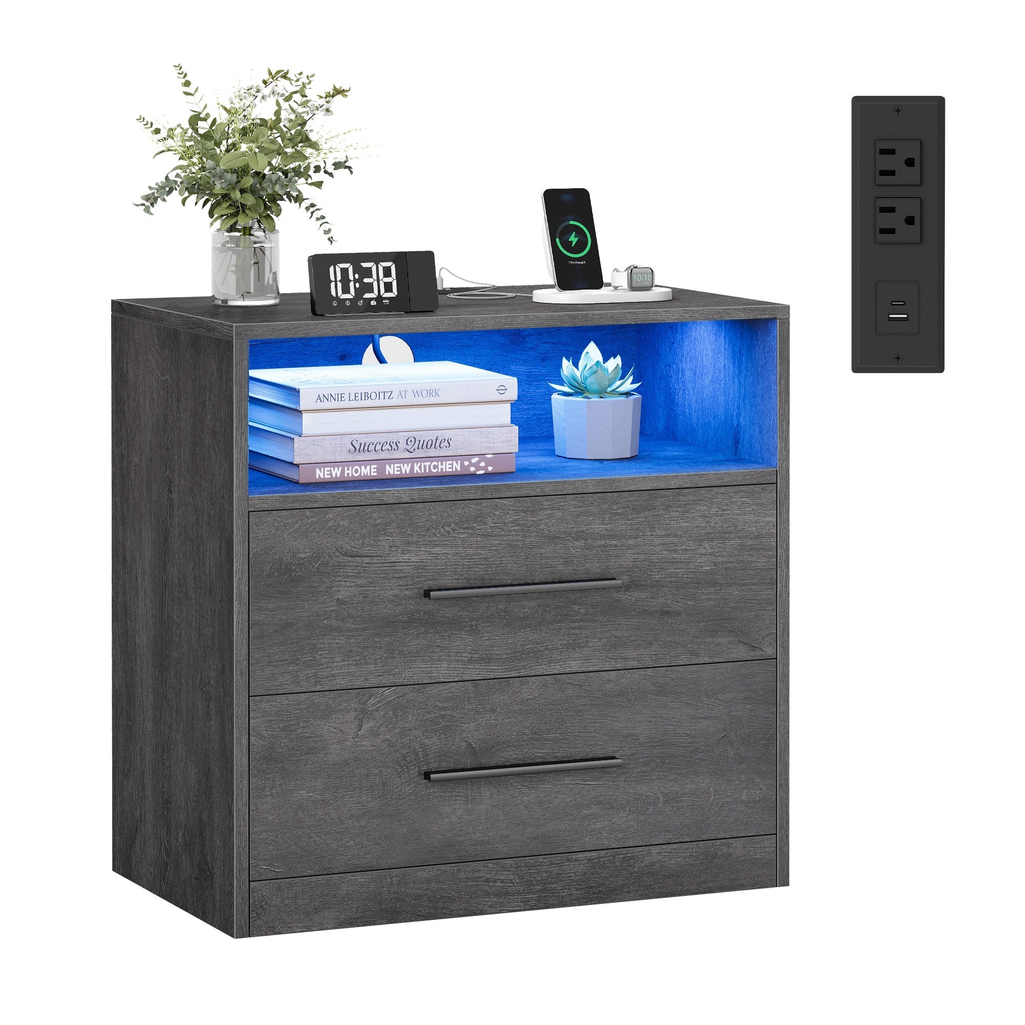 Nightstand With Charging Station and LED Lights 2 Drawer Bedside Table