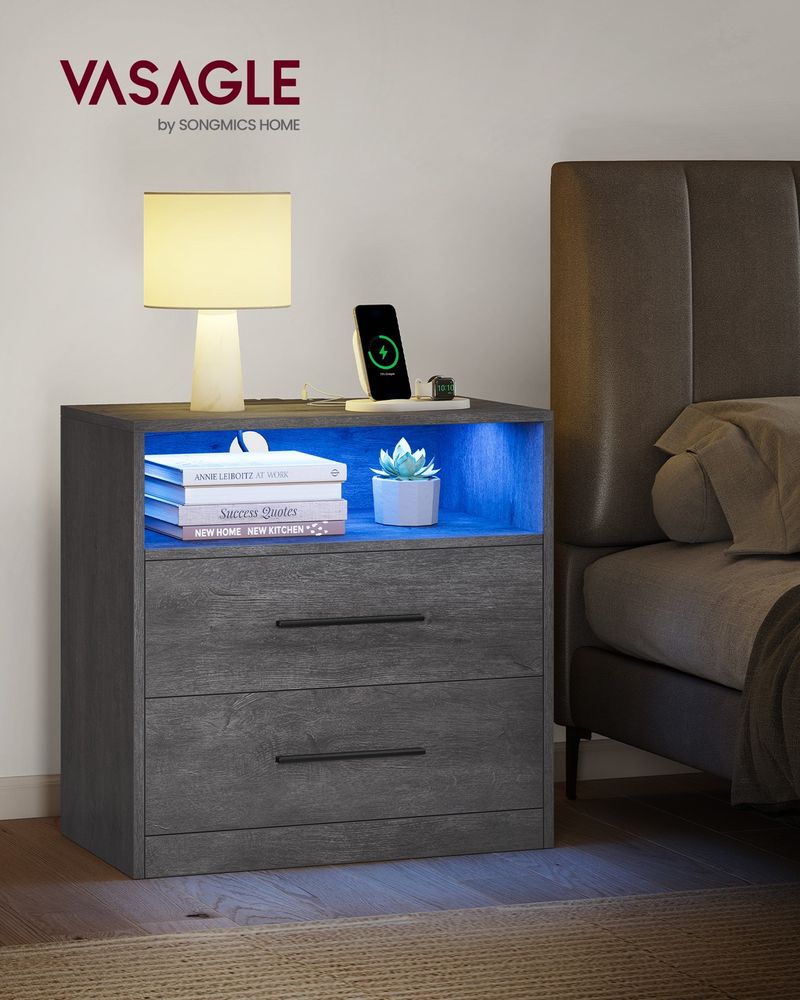 Nightstand With Charging Station and LED Lights 2 Drawer Bedside Table