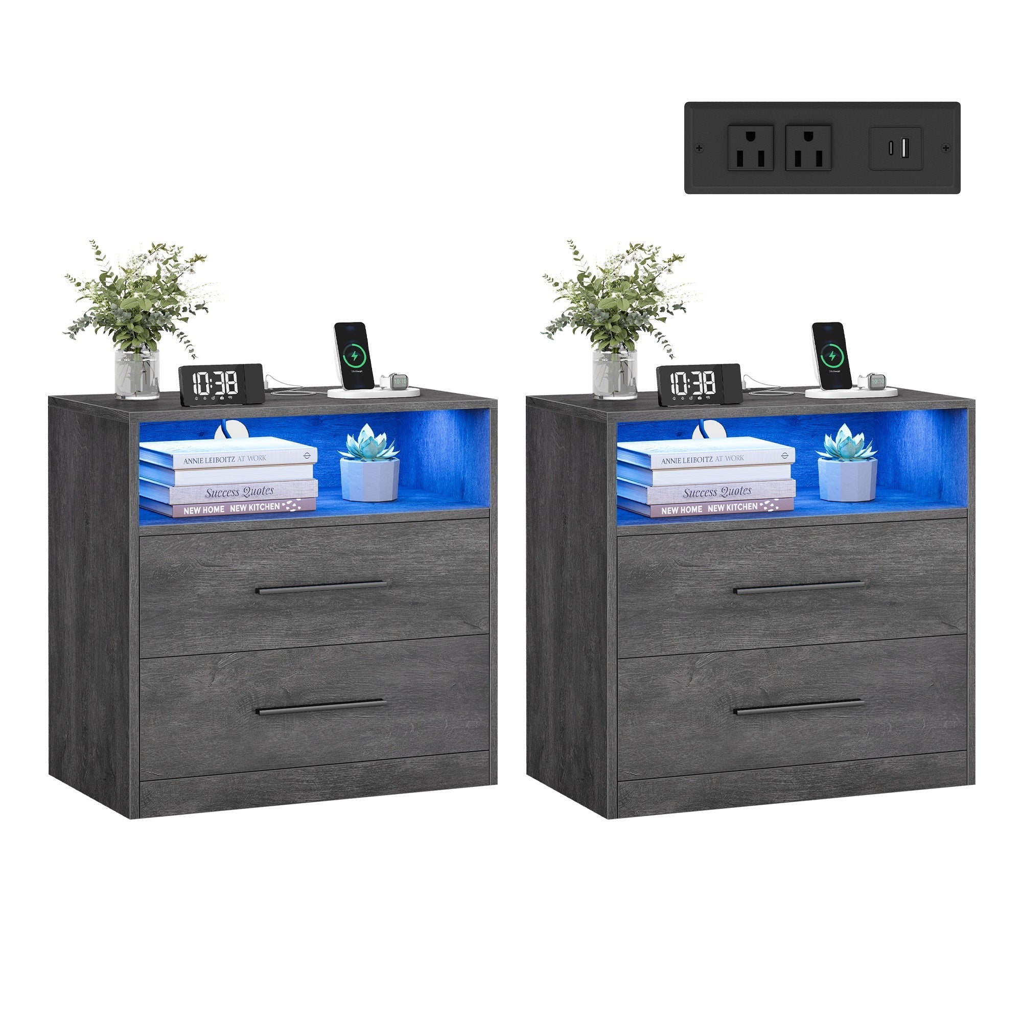 Nightstand With Charging Station and LED Lights 2 Drawer Bedside Table