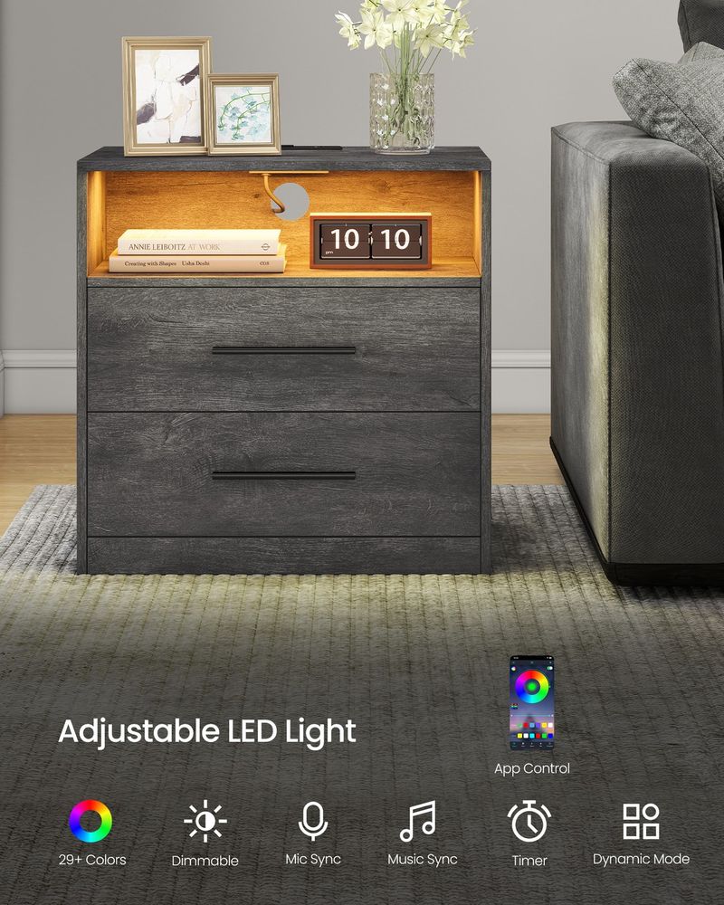 Nightstand With Charging Station and LED Lights 2 Drawer Bedside Table