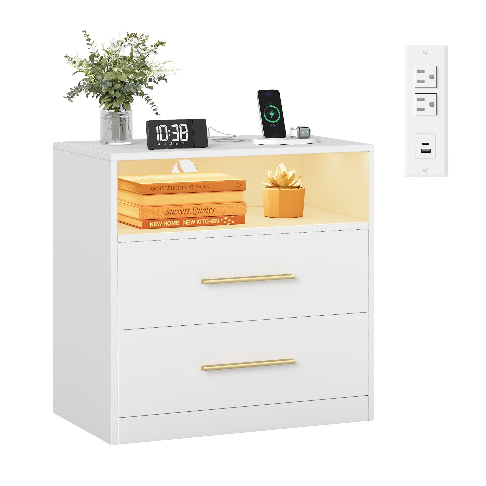 Nightstand With Charging Station and LED Lights 2 Drawer Bedside Table